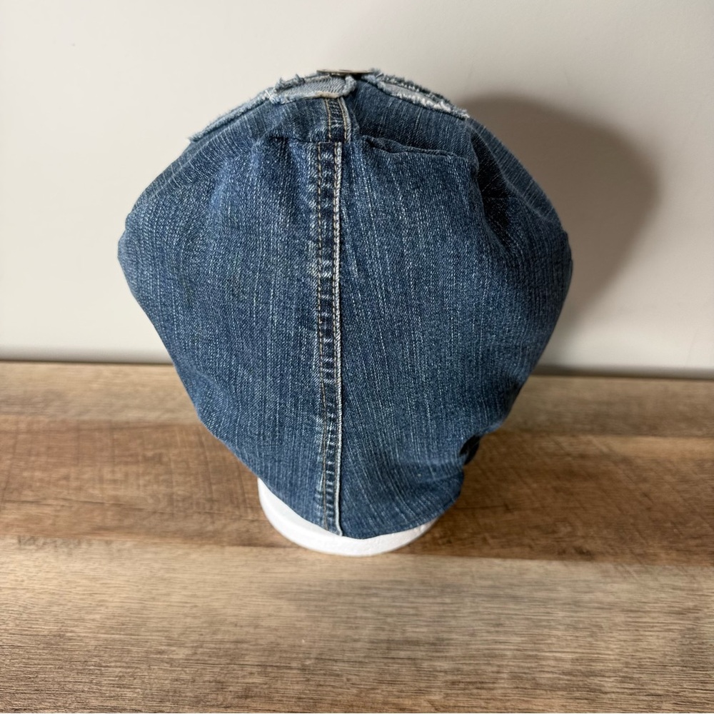 Upcycled Reversible Denim Hat Beanie Toque TNA Flower Appliqué One Of A Kind - Picture 7 of 13